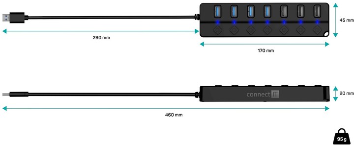 CONNECT IT USB-A hub Mighty Switch 2, 4xUSB-A 3.0, 3xUSB-A 2.0, externí, černá_921531345