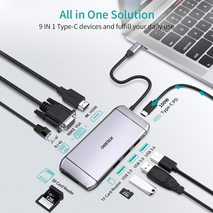 Choetech multifunkční HUB HUB-M15, 9v1, 3x USB-A 3.0, HDMI 4K, VGA, PD 100W, RJ45, čtečka karet_1067001378