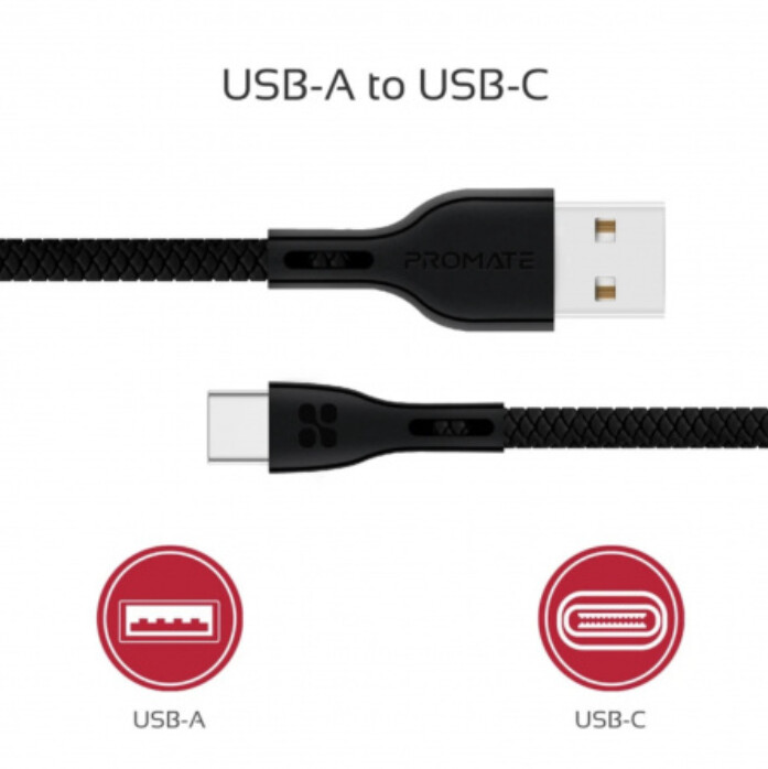 Promate kabel PowerBeam-C USB-C - USB-A, opletený, 1.2m, černá_1994695394