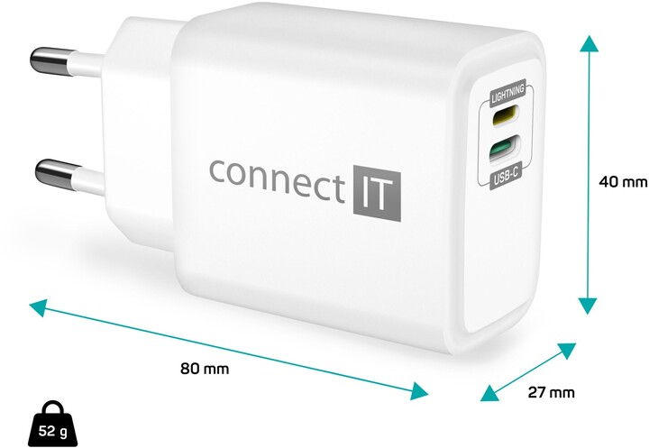 CONNECT IT síťový adaptér Duplex, USB-C, Lightning, PD 20W, bílá_2042514118