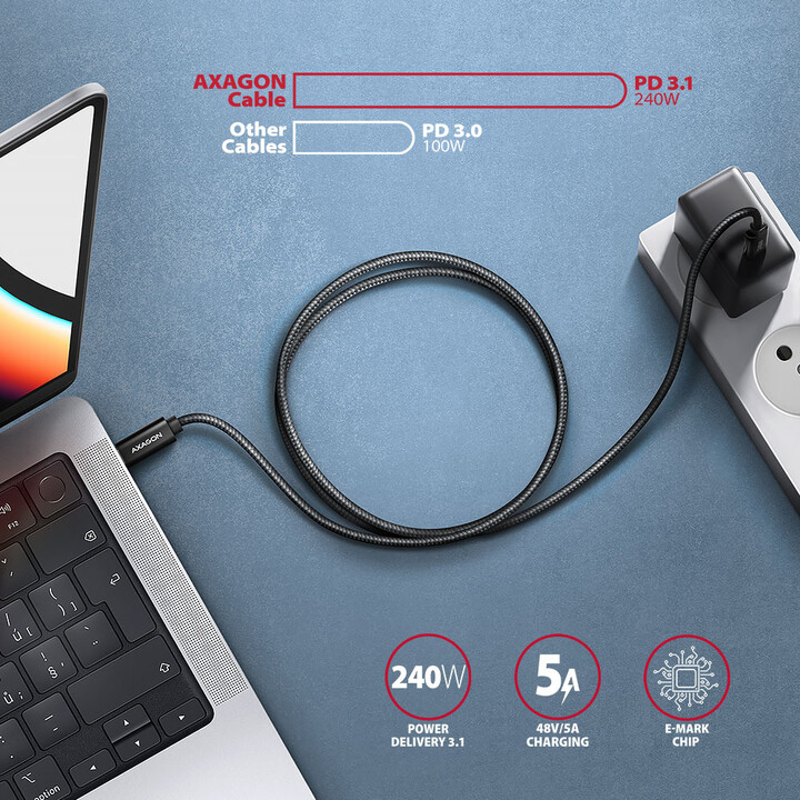 AXAGON kabel USB-C - USB-C, 240W 5A, ALU, opletený, 2,5m, černá_837044215