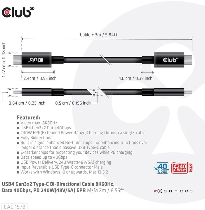 Club3D kabel USB4 Gen3x2, 8K@60Hz, Power Delivery 240W, 3m, černá_1445142479