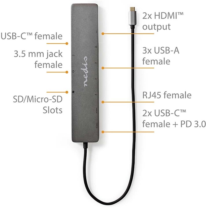 Nedis multiportový adaptér USB-C, 3x USB-A, USB-C, 2x HDMI, RJ45, šedá_1684399820