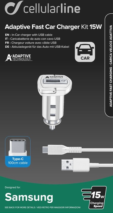 CellularLine Set autonabíječky a USB-C kabelu, adaptivní nabíjení, 15W, bílá_347633497