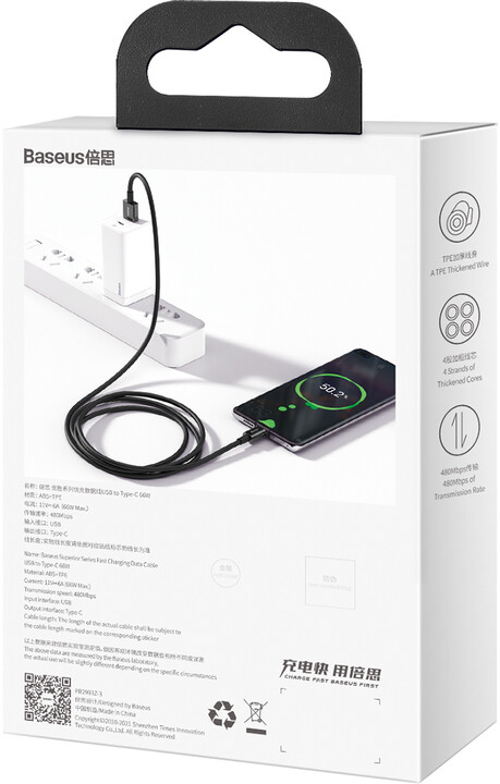BASEUS kabel Superior Series USB-A - USB-C, rychlonabíjecí, 66W, 2m, černá_1382314210