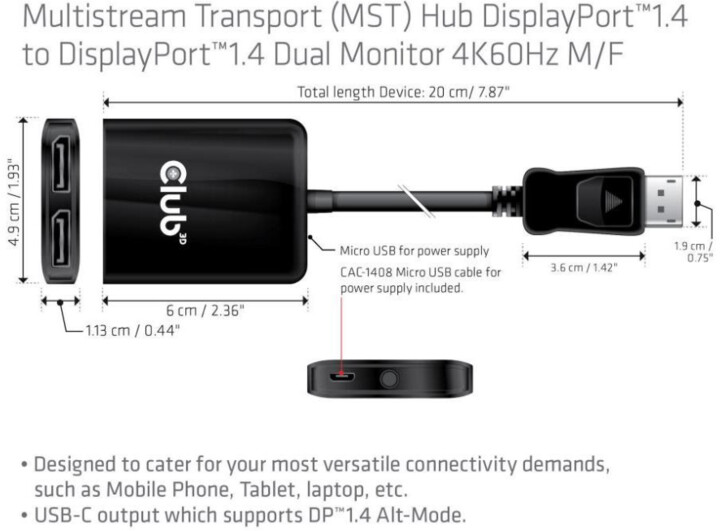 Club3D adaptér USB-C 3.2 - 2xDisplayPort, M/F, 4K@60Hz, MST, 20cm, černá_102664865