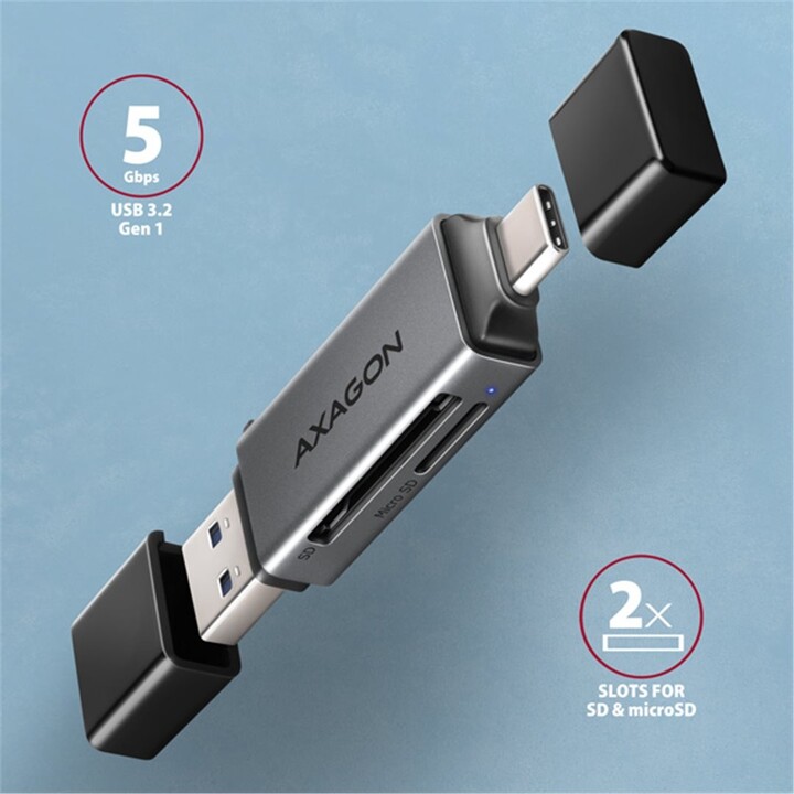 AXAGON CRE-DAC, USB-C + USB-A, 5 Gbps - mini čtečka karet, 2-slot &amp; lun SD/microSD, podpora UHS-I_1101278631