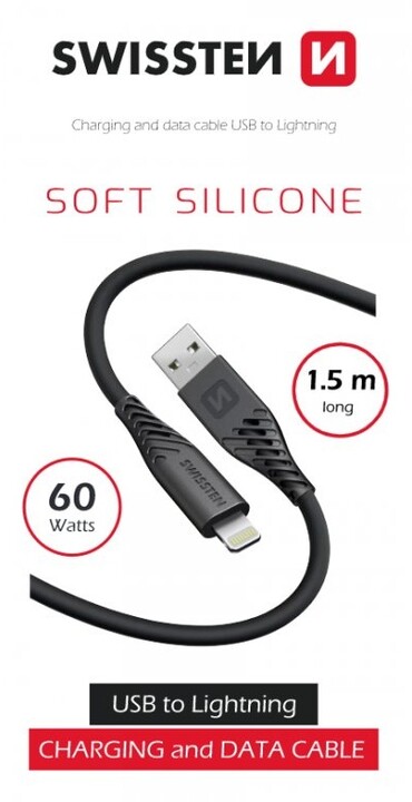 SWISSTEN datový kabel soft silicone USB-A - Lightning, 60W, 1.5m, černá_1117950311