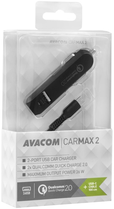 Avacom CarMAX 2 nabíječka do auta 2x Qualcomm Quick Charge 2.0 (USB-C kabel), černá_799634698