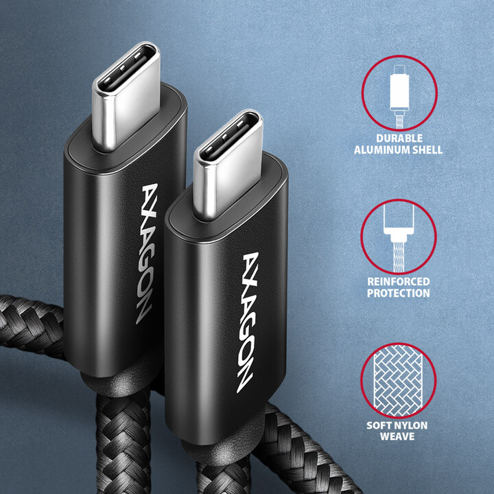 AXAGON kabel USB-C - USB-C, 240W 5A, ALU, opletený, 2m, černá_317151783