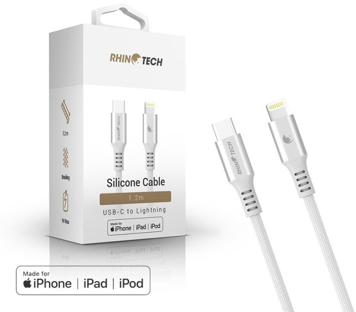 RhinoTech LITE kabel USB-C - Lightning, MFi, nylonový oplet, 1.2m, stříbrná_668956429
