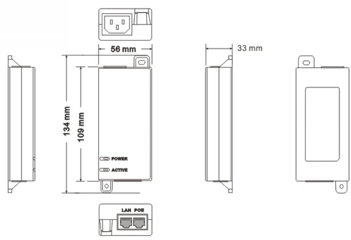 MaxLink PI15S PoE injektor, 802.3af, 48V/0.32A, 15,4W, 1Gbit, napájecí kabel