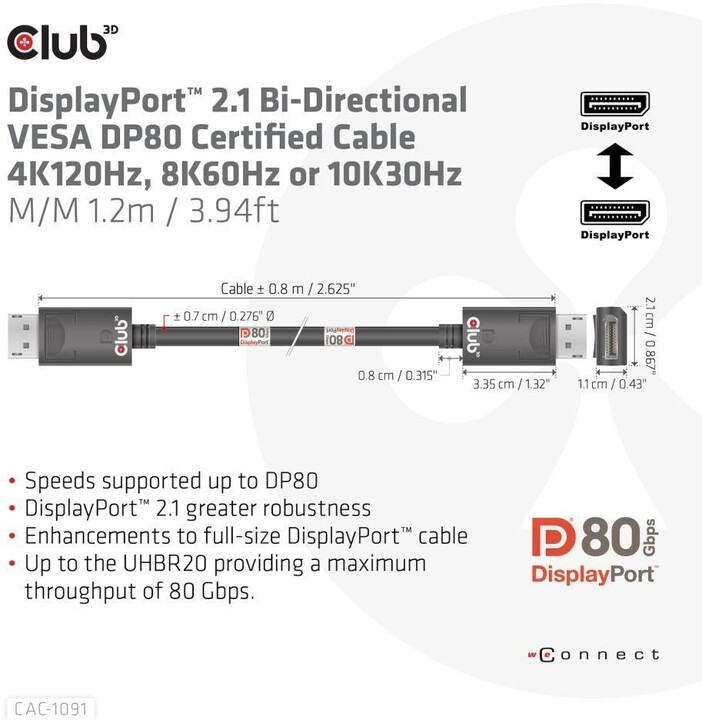 Club3D kabel DisplayPort 2.1 - DisplayPort 2.1, 4K@120Hz/8K@60Hz HDR, 1.2m, černá_1612640139