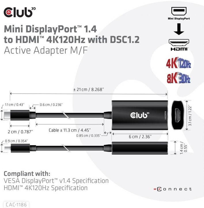 Club3D aktivní adaptér mini DisplayPort 1.4 na HDMI 4K@120Hz s DSC1.2, černá_1820025384