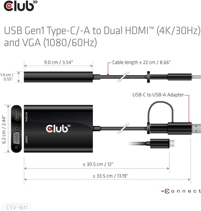 Club3D adaptér USB Gen1 Type-C/-A to Dual HDMI (4K/30Hz) / VGA (1080/60Hz)_1206346525
