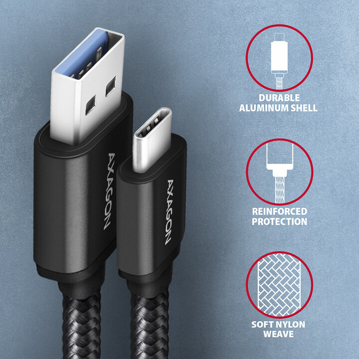 AXAGON kabel USB-A - USB-C SPEED USB3.2 Gen 1, 3A, opletený, 1.5m, černá_913336991