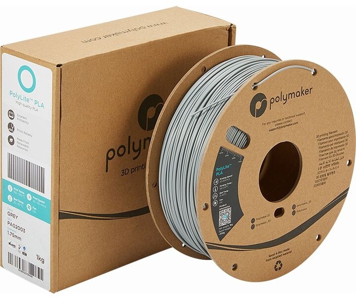 Polymaker tisková struna (filament), PolyLite PLA, 1,75mm, 1kg, šedá_1857687987
