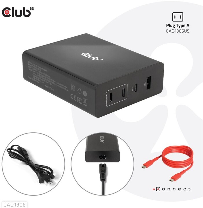 Club3D síťová nabíječka, GAN technologie, 4xUSB-A a USB-C, PD 3.0 Support, 132W , černá_1399973953