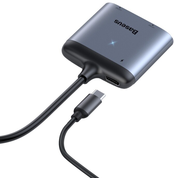 Baseus Enjoy adaptér USB-C samec/2x 4K HDMI samice + USB-C PD samice, šedá_211370368