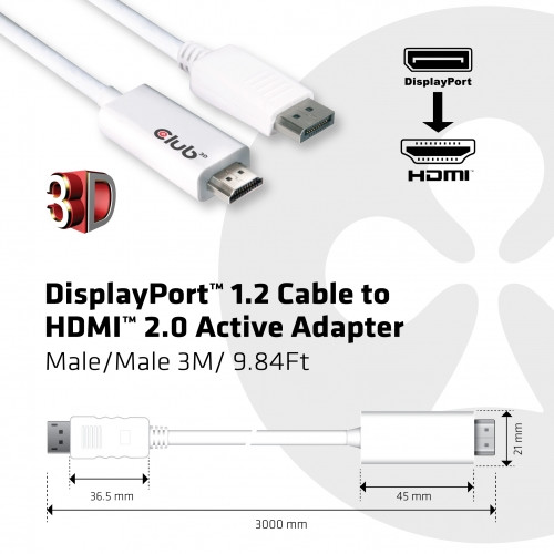 Club3D DisplayPort 1.2 na HDMI 2.0, podpora 4K/60Hz, aktivní, 3m