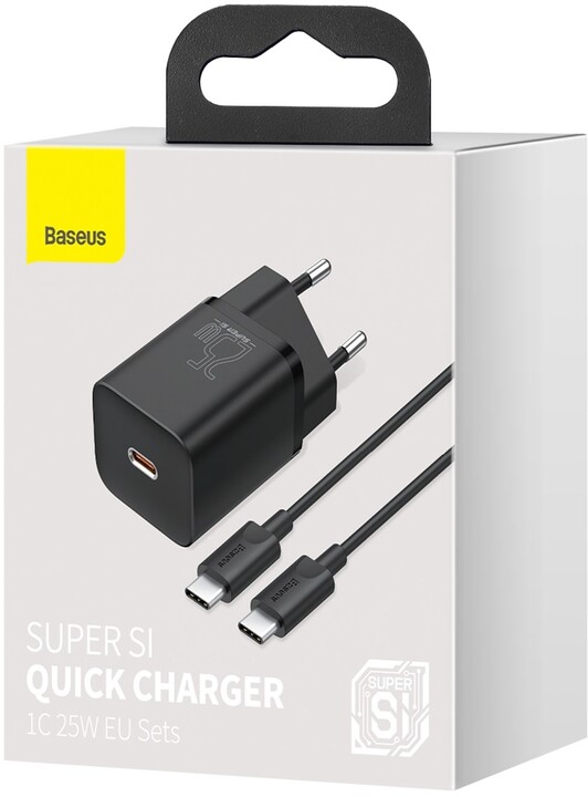 Baseus síťová nabíječka Super Si Quick 1C, USB-C, 25W, černá + kabel USB-C - USB-C, 3A, 1M, černá_832691684