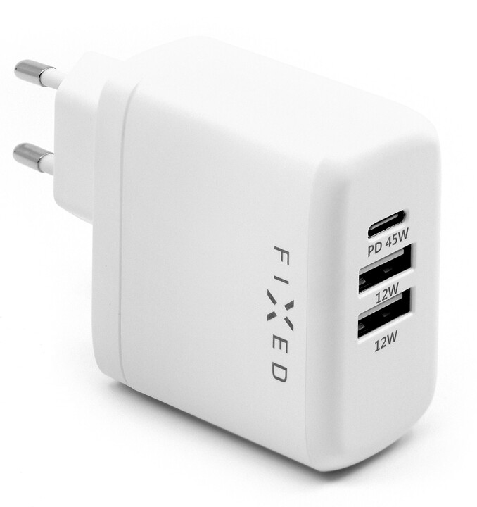 FIXED síťová nabíječka, USB-C, 2xUSB, PD, 45W, bílá