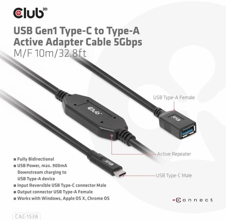 Club3D kabel USB-C - USB-A, 5 Gbps (M/F), 10m_834677799