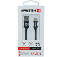 SWISSTEN datový kabel USB - USB-C, M/M, 3A, opletený, 0.2m, černá 71521101