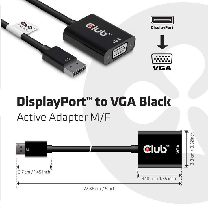 Club3D adaptér DisplayPort 1.1a - VGA, M/F, WUXGA@60Hz, aktivní, 23cm, černá_2064463261