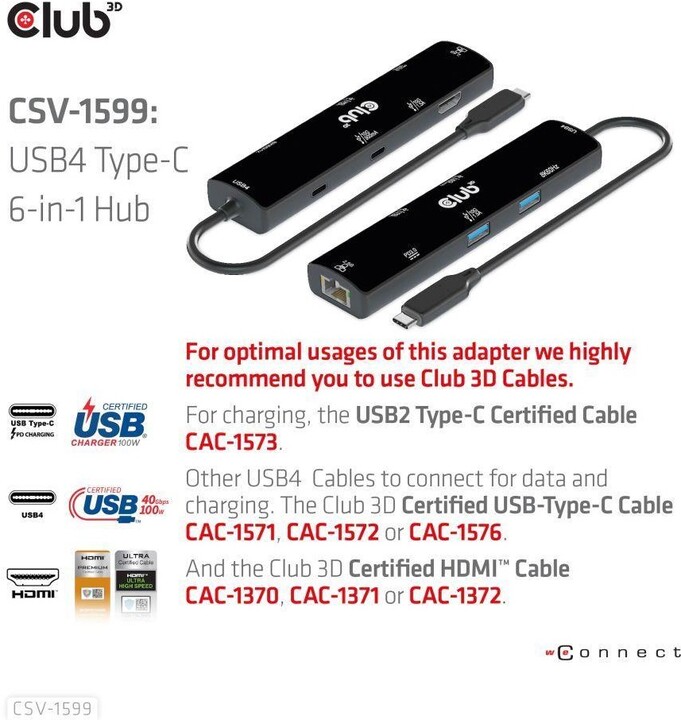 Club3D hub USB-C, 6-in-1 Hub s HDMI 8K60Hz/4K120Hz, 2xUSB-A, RJ45 a 2xUSB-C, 1xData, 1xPD 3.0_45421958