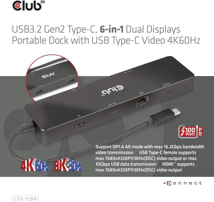 Club3D dokovací stanice USB-C 3.2 Gen1 6in1, USB-C Video, HDMI, 2xUSB-A, USB-C PD 100W, RJ45_80191246