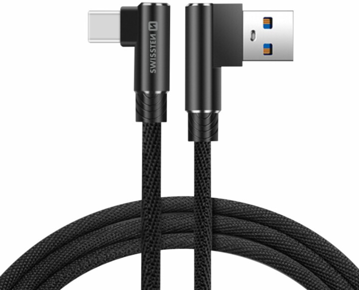 SWISSTEN datový kabel Arcade USB-A - USB-C, M/M, 3A, zahnutý konektor 90°, opletený, 1.2m, černá_926268873