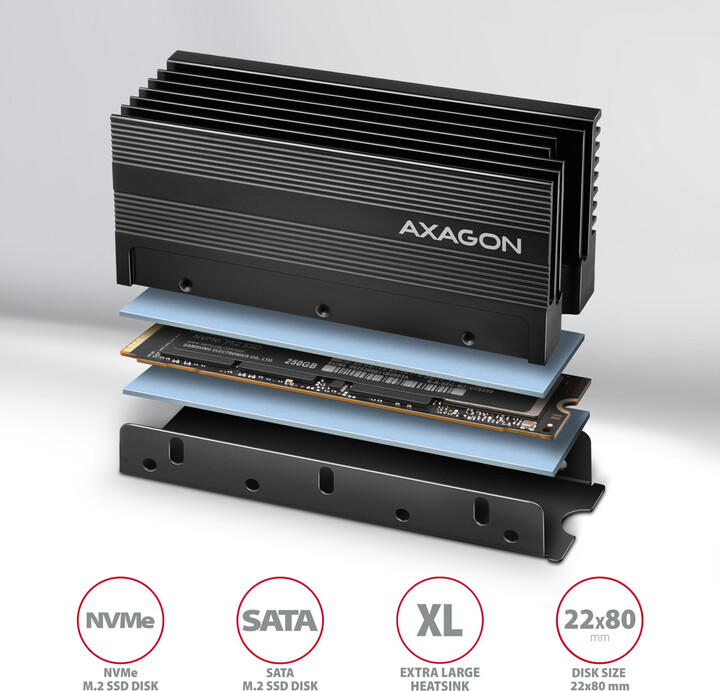 AXAGON LR-M2XL, hliníkový pasivní chladič pro oboustranný M.2 SSD disk, výška 36 mm_1628082213