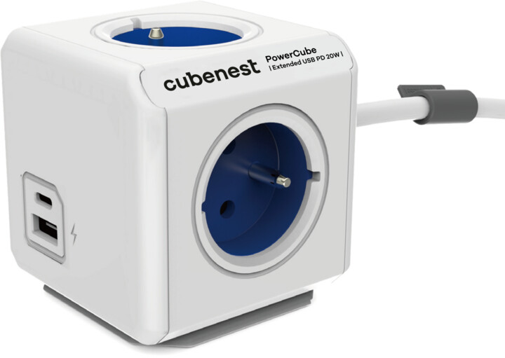 Cubenest PowerCube Extended prodlužovací přívod 1,5m, 4 zásuvky + USB A+C PD 20 W, modrá_1007522637