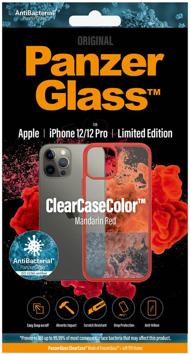 PanzerGlass ochranný kryt ClearCase pro iPhone 12/12 Pro, antibakteriální, červená_627100768