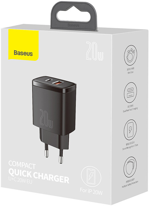 Baseus síťová nabíječka, USB-C, USB-A, 20W, černá_2105255810