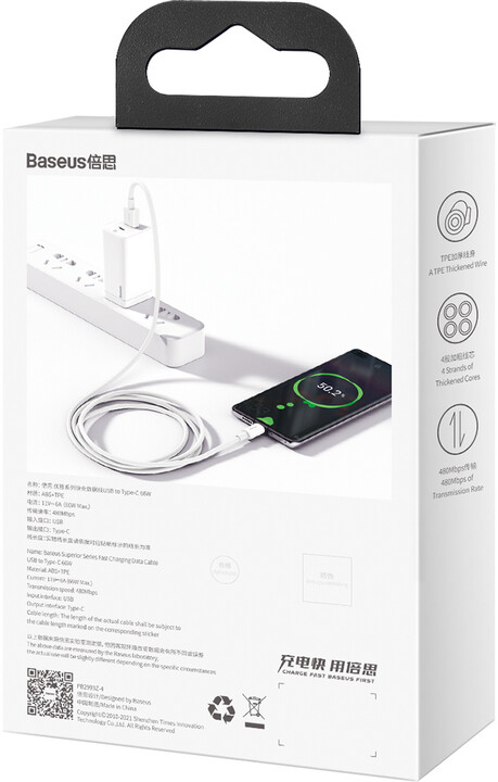 BASEUS kabel Superior Series USB-A - USB-C, rychlonabíjecí, 66W, 2m, bílá_87595664