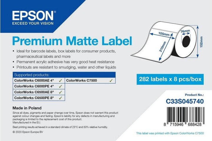 Epson ColorWorks role pro pokladní tiskárny, PREMIUM MATTE, 105x210mm, 282ks_391428606