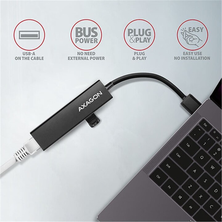 AXAGON HMA-GL3A, USB 3.2 Gen 1 hub, porty 3x USB-A + Gigabit Ethernet, kovový, kabel USB-A 20cm_2141668555