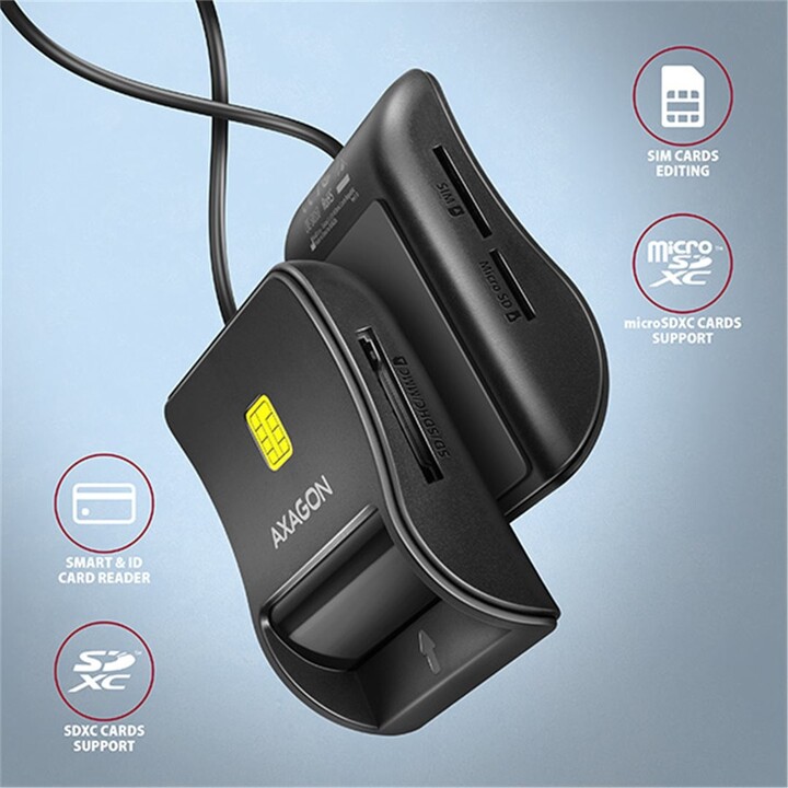AXAGON CRE-SM3SD, USB-A FlatReader 4-slot čtečka Smart card (eObčanka) + SD/microSD/SIM, kabel 1.3 m_779754023
