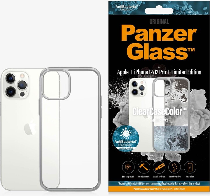 PanzerGlass ochranný kryt ClearCase pro iPhone 12/12 Pro, antibakteriální, stříbrná_1297606609