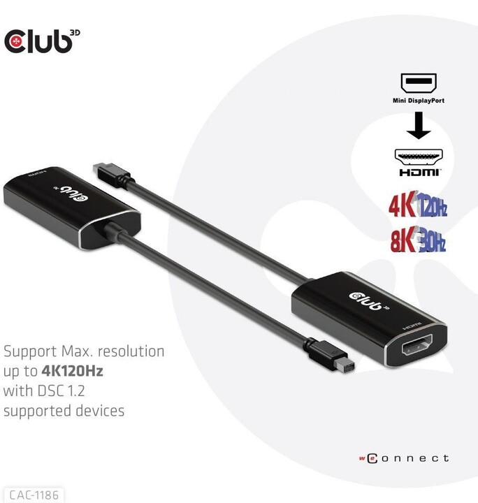 Club3D aktivní adaptér mini DisplayPort 1.4 na HDMI 4K@120Hz s DSC1.2, černá_310716323