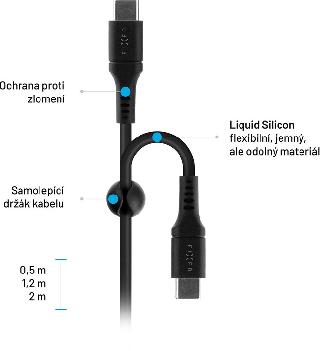 FIXED nabíjecí a datový kabel Liquid silicone USB-C - USB-C,USB 2.0, PD 60W, 2m, černá_520054466