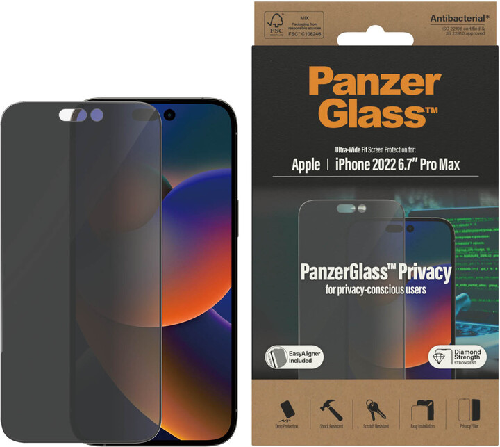 PanzerGlass ochranné sklo Privacy pro Apple iPhone 14 Pro Max s instalačním rámečkem_236185991