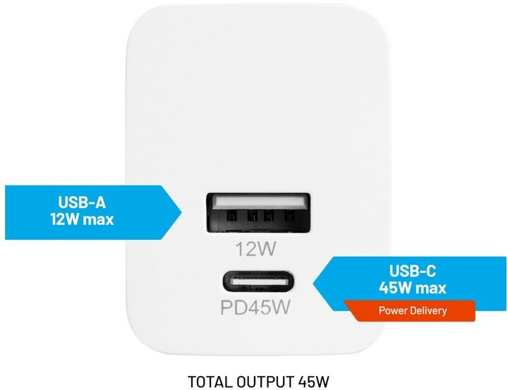 FIXED síťová nabíječka Mini s USB-C + USB-A, PD, 45W, bílá_700668775