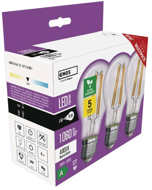 Emos LED žárovka Filament 5W (75W), 1060lm, E27, neutrální bílá, 3ks_896261741