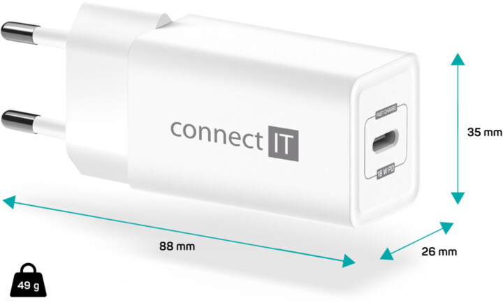 CONNECT IT nabíjecí adaptér, 1x USB-C, PD, 18W, bílá_1505115033