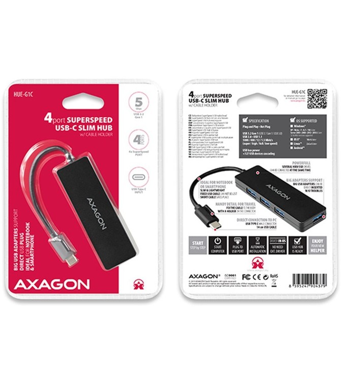 AXAGON HUE-G1C, 4x USB 3.2 Gen 1 SLIM hub, kabel Type-C 14cm napevno_146026737