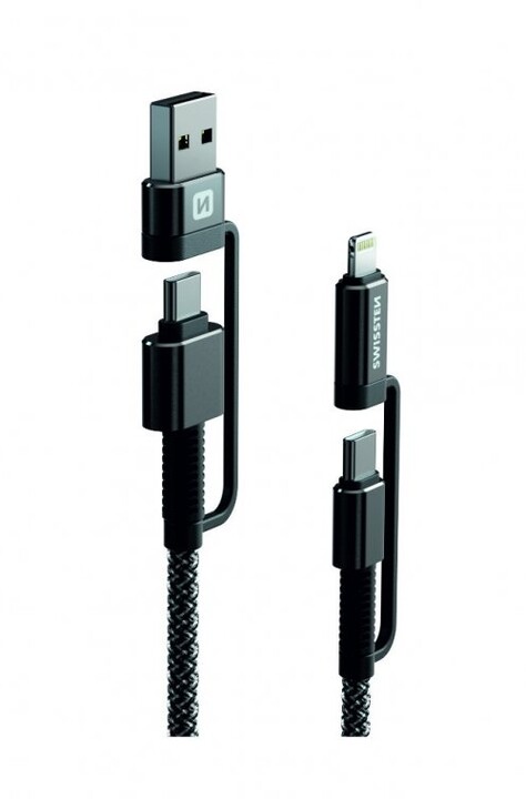 SWISSTEN odolný datový kabel 4v1 USB-A / USB-C - USB-C / Lightning, 60W, kevlarový, 1.5m, černá_603245559