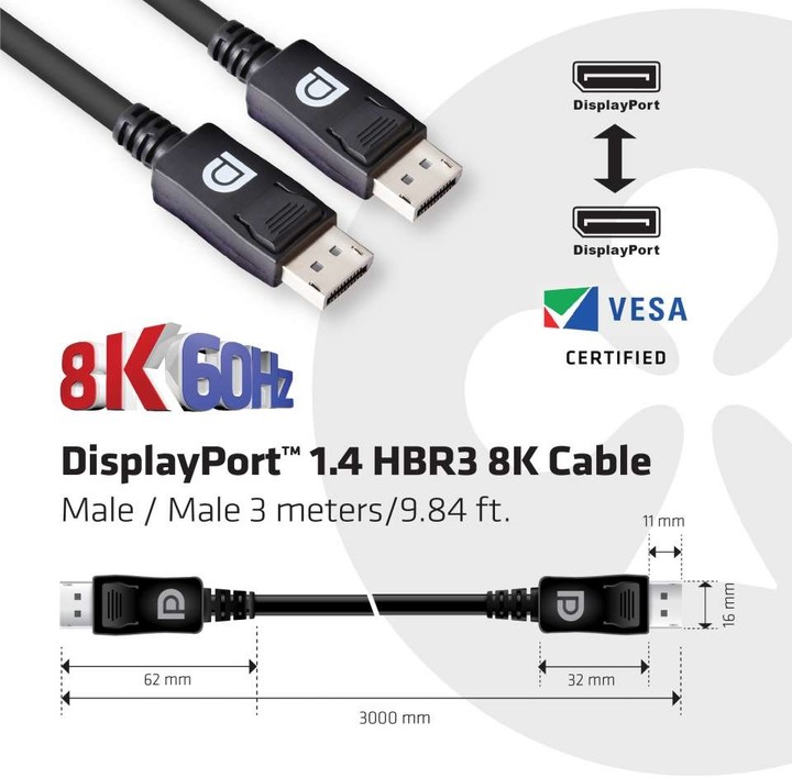 Club3D kabel DisplayPort 1.4, HBR3, 8K60Hz (M/M), 3m